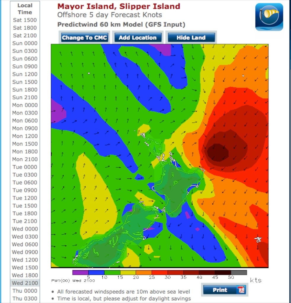 Low pressure cell off the east coast of the North island at 2100hrs Wednesday - expected to generate substantial swells in the salvage area © PredictWind.com www.predictwind.com